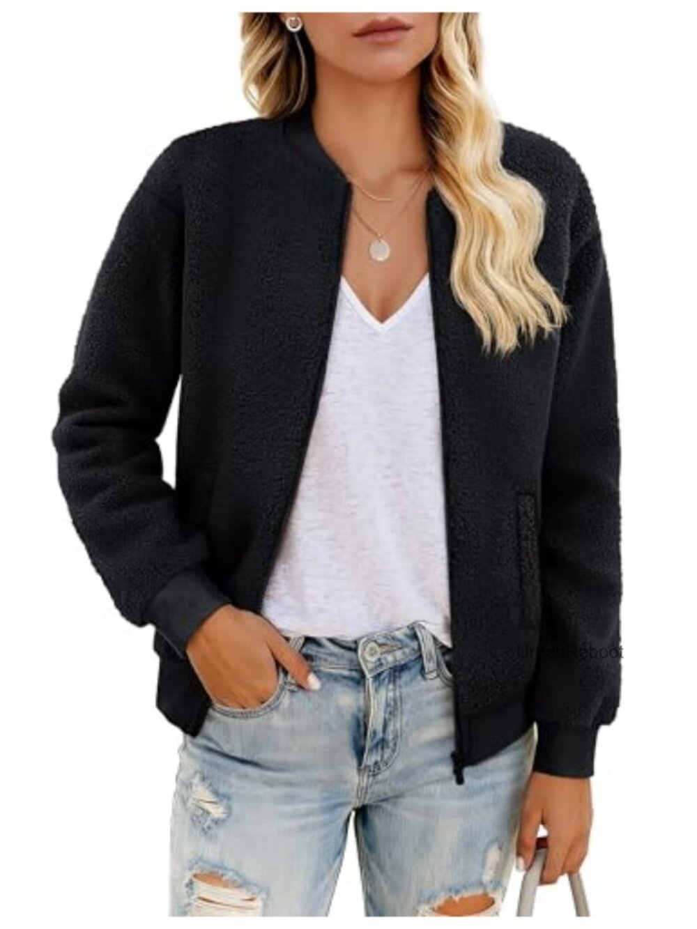 Sherpa Fleece Bomber Jacket Zip Up Teddy Coat Long Sleeve Cropped Outwear